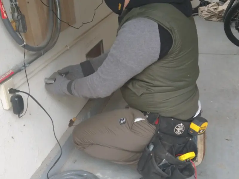 Electrician performing outlet wiring in a Gatlinburg garage